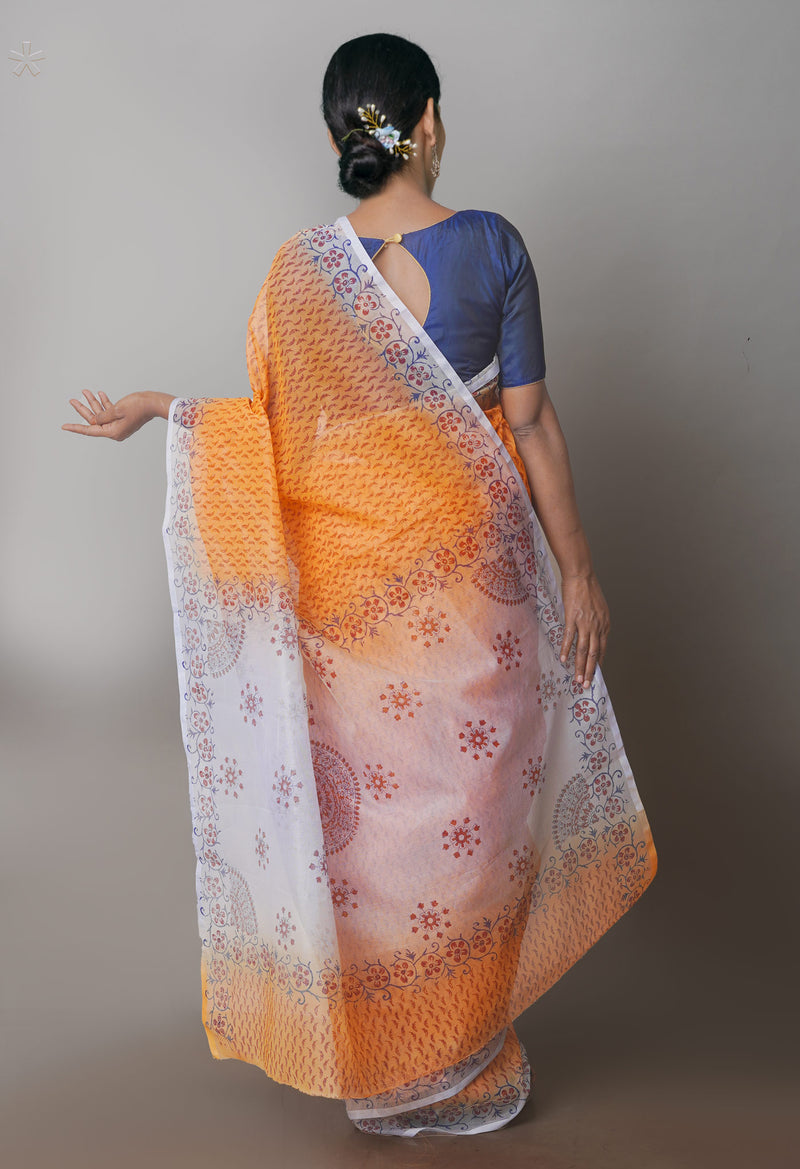 Orange  Block Printed Supernet  Saree-UNM71328