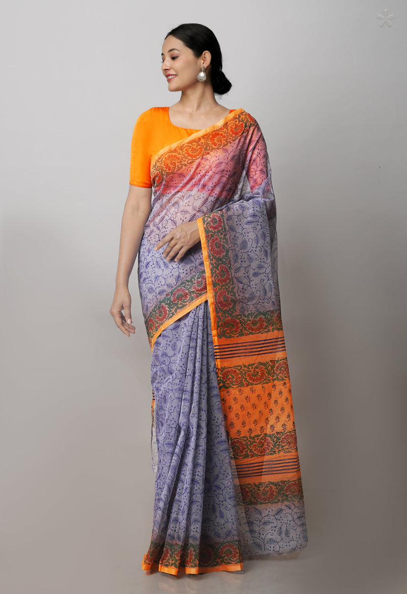 Grey  Block Printed Supernet  Saree-UNM71329