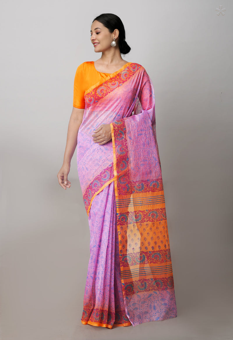 Pink  Block Printed Supernet  Saree-UNM71330
