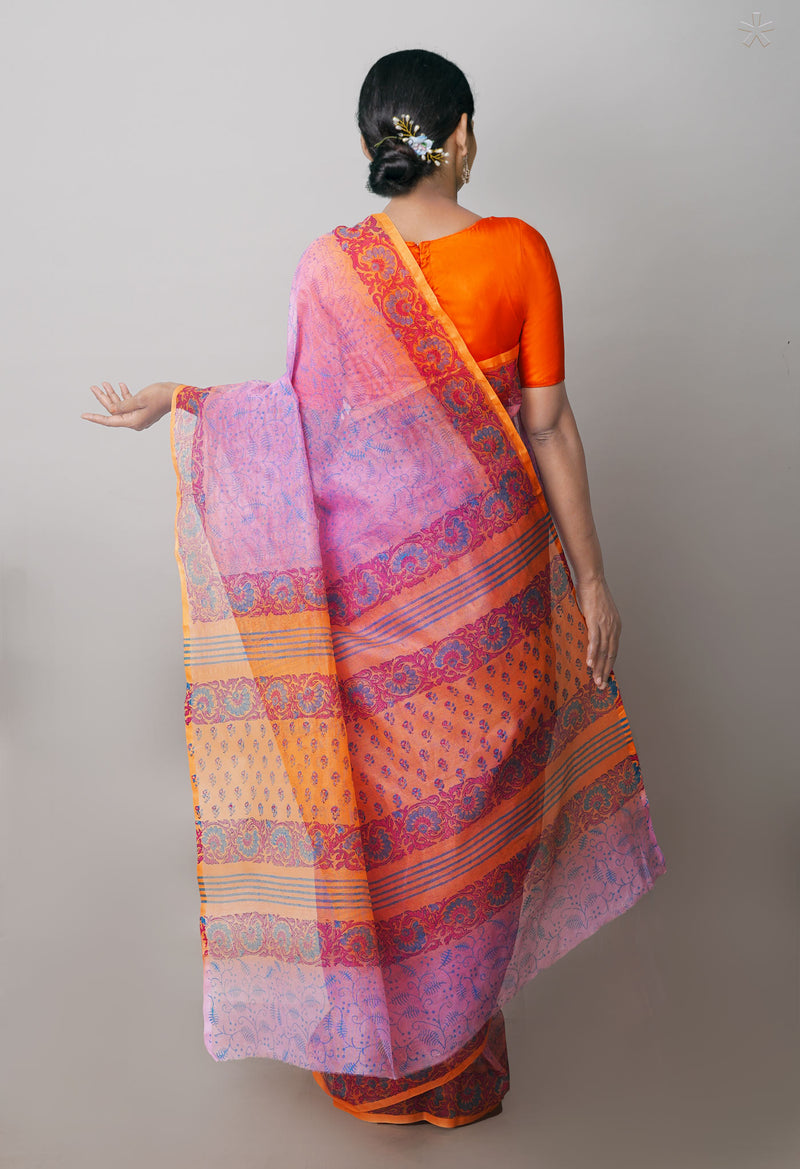 Pink  Block Printed Supernet  Saree-UNM71330