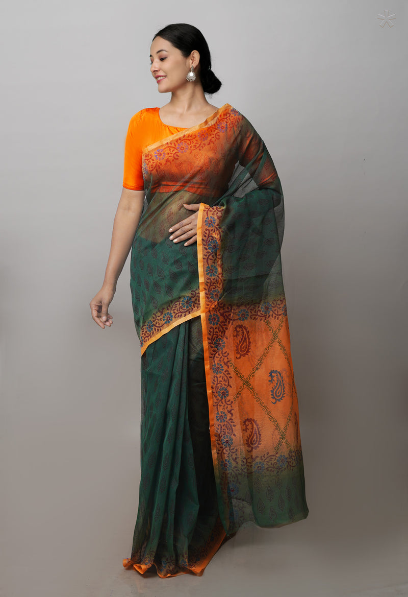 Green  Block Printed Supernet  Saree-UNM71332