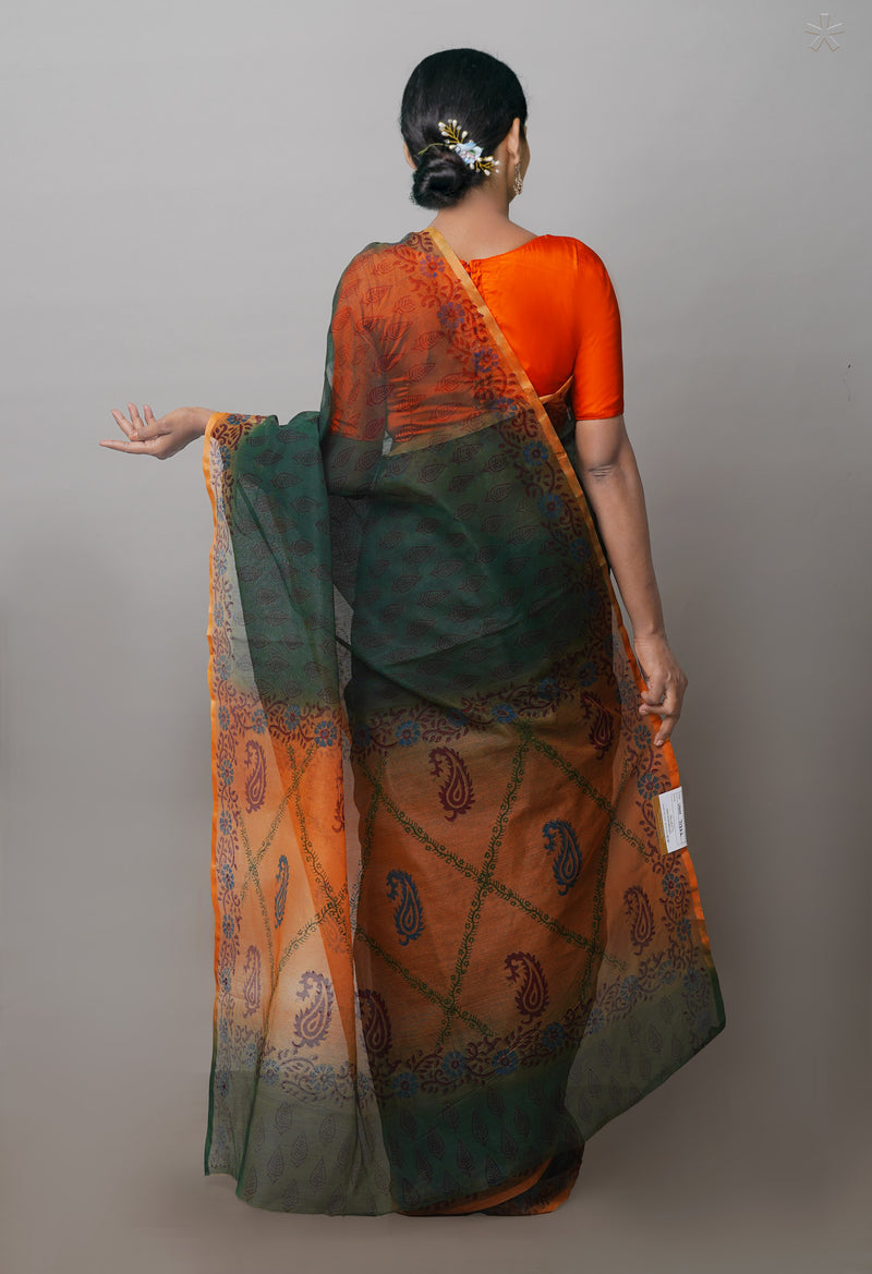 Green  Block Printed Supernet  Saree-UNM71332