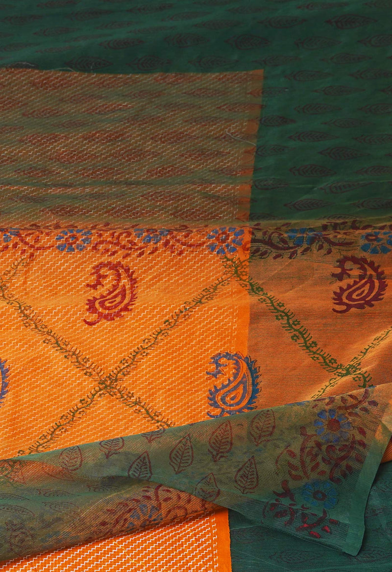 Green  Block Printed Supernet  Saree-UNM71332