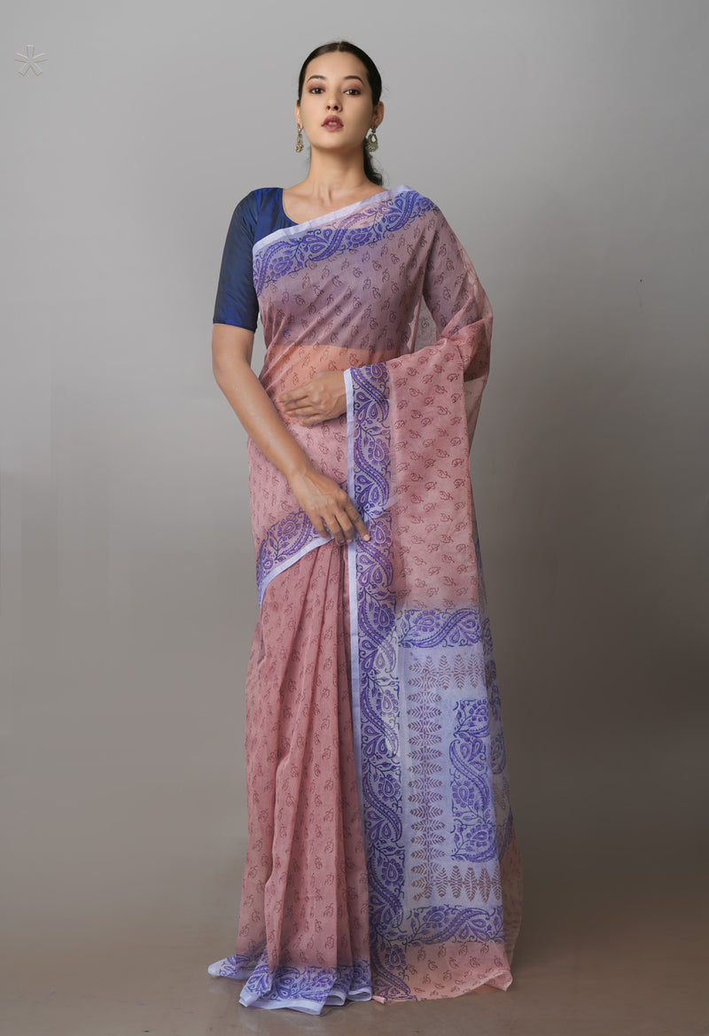 Light Brown  Block Printed Supernet  Saree-UNM71333
