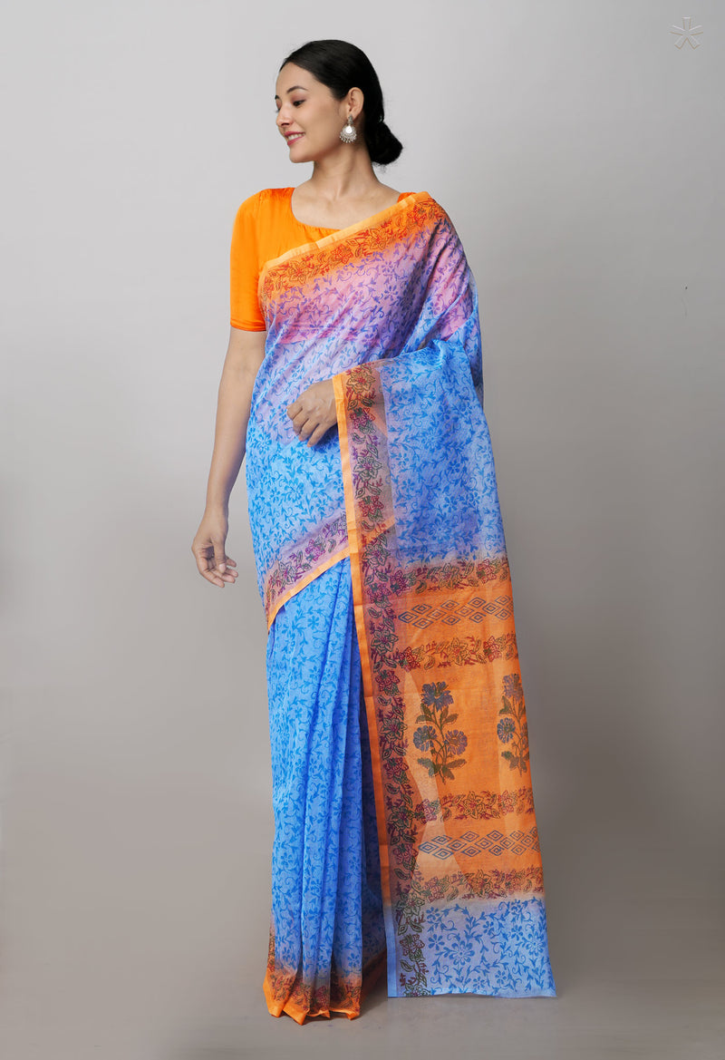 Sky Blue  Block Printed Supernet  Saree-UNM71334