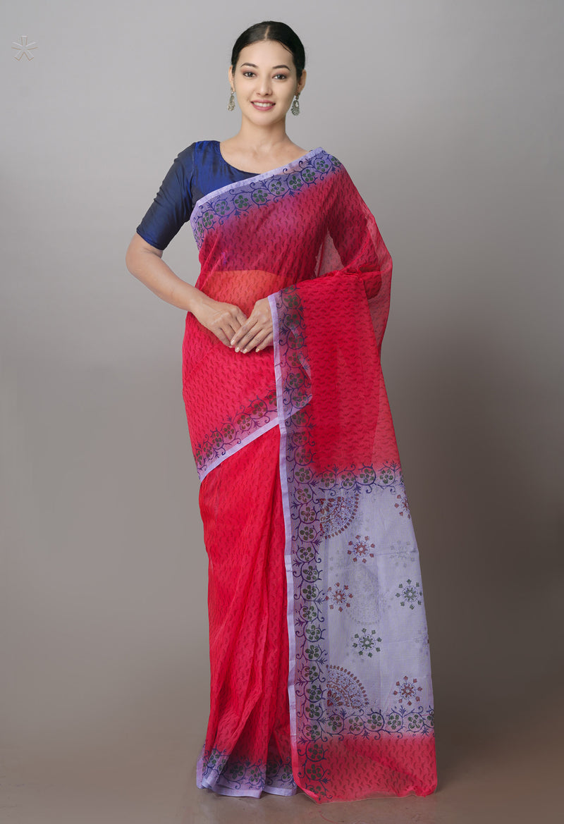 Red  Block Printed Supernet  Saree-UNM71338