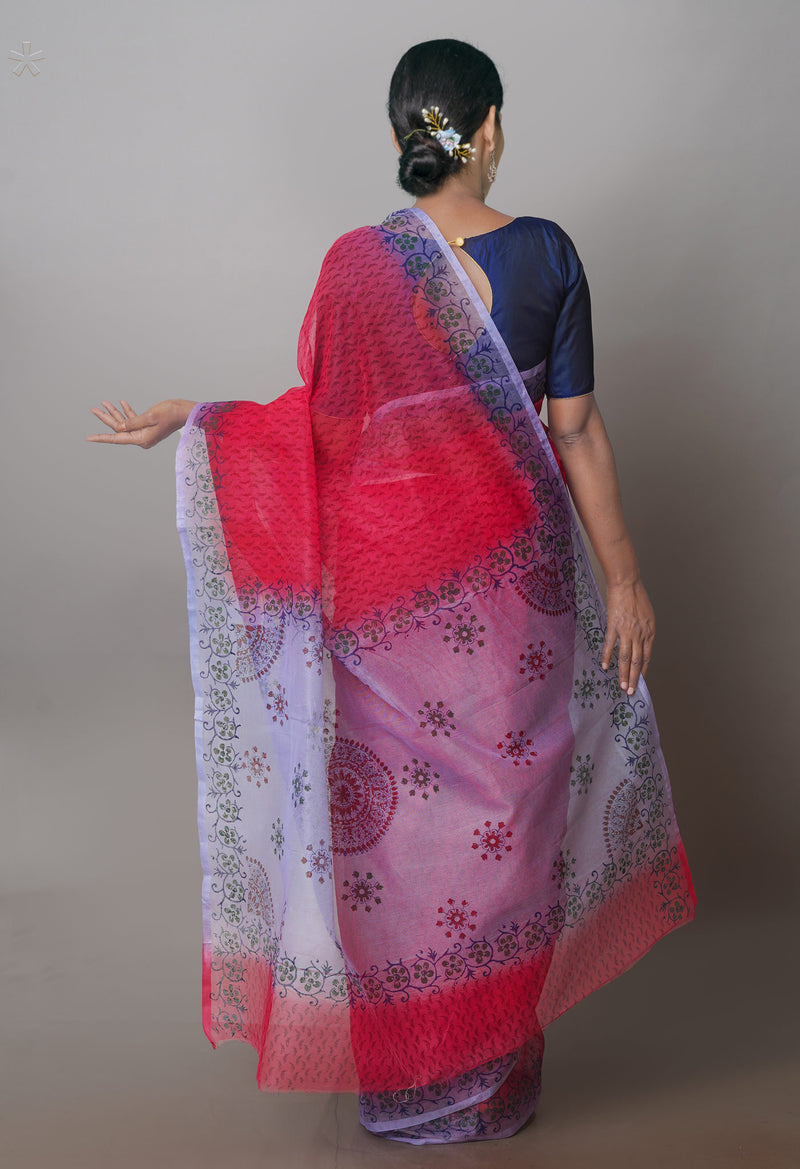 Red  Block Printed Supernet  Saree-UNM71338