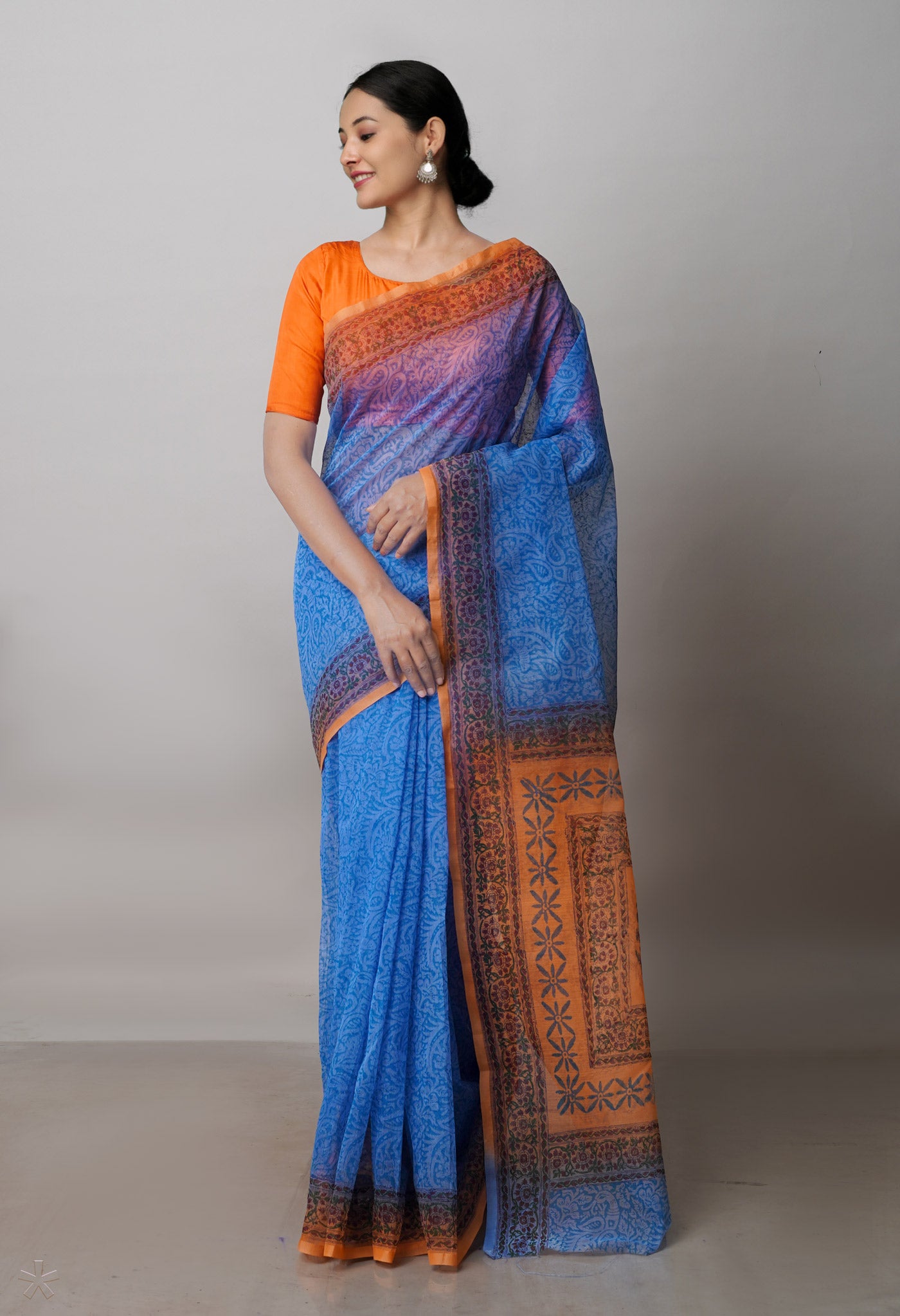 Blue  Block Printed Supernet  Saree-UNM71339