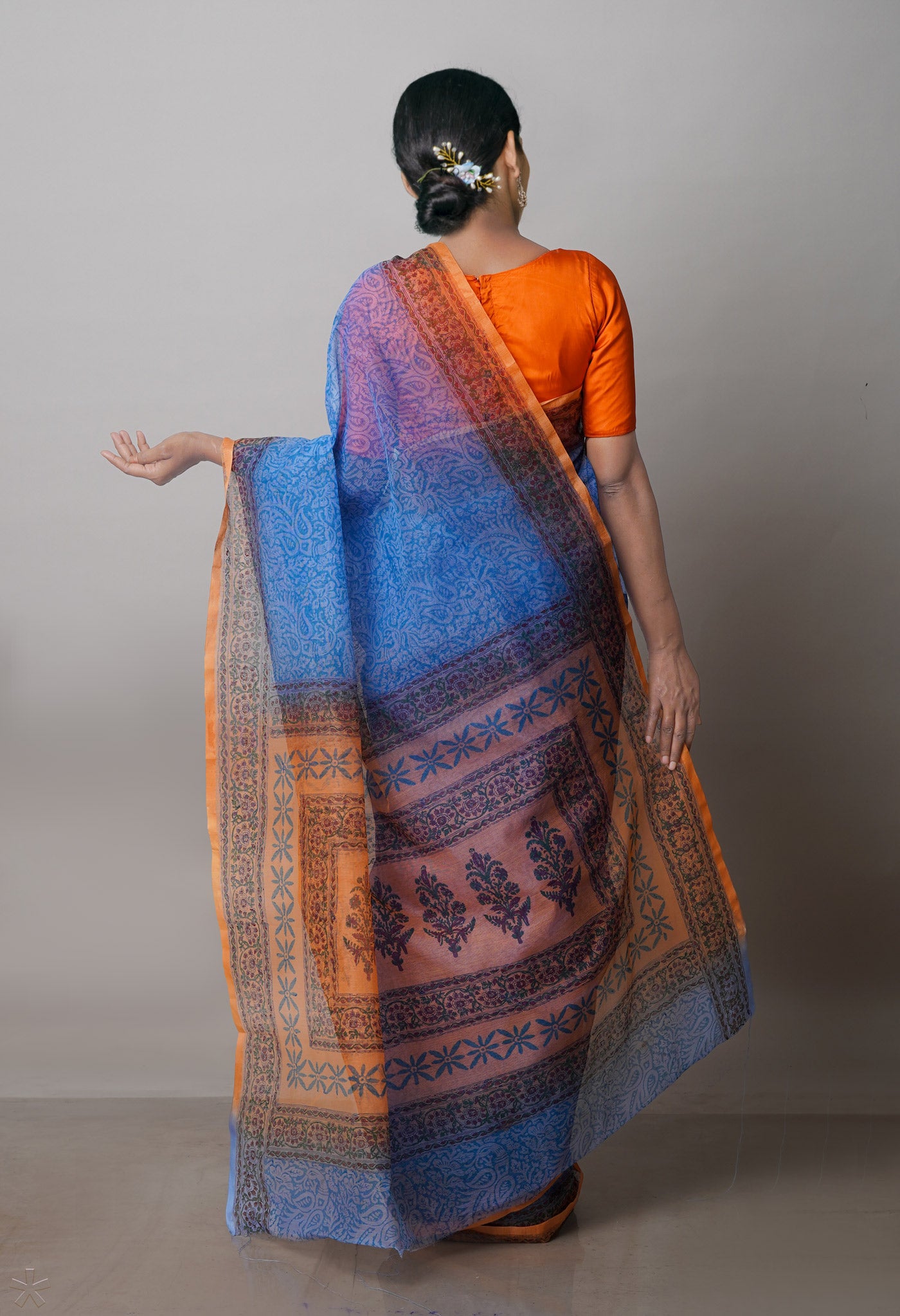 Blue  Block Printed Supernet  Saree-UNM71339