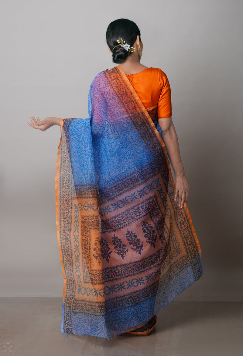 Blue  Block Printed Supernet  Saree-UNM71339