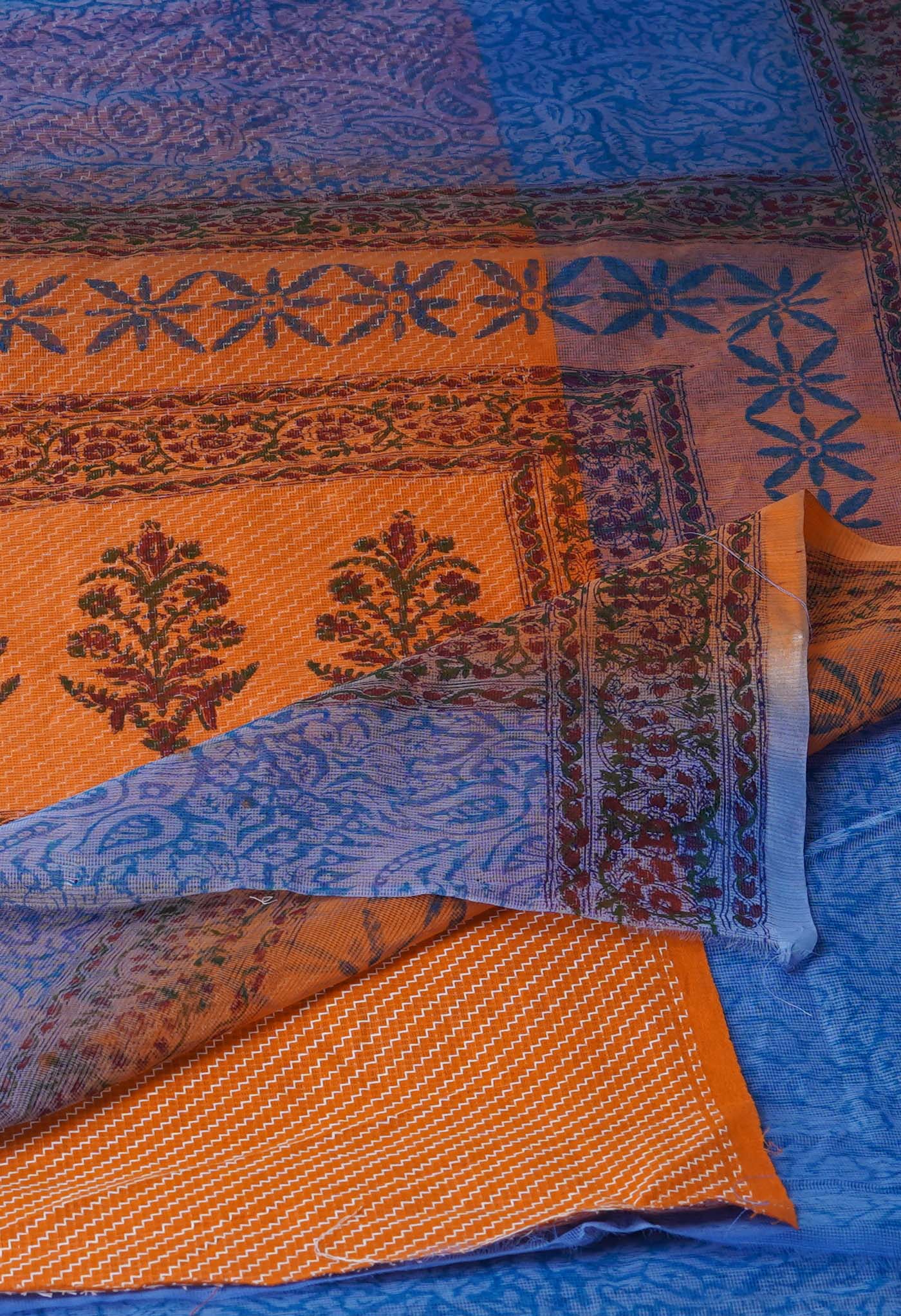 Blue  Block Printed Supernet  Saree-UNM71339