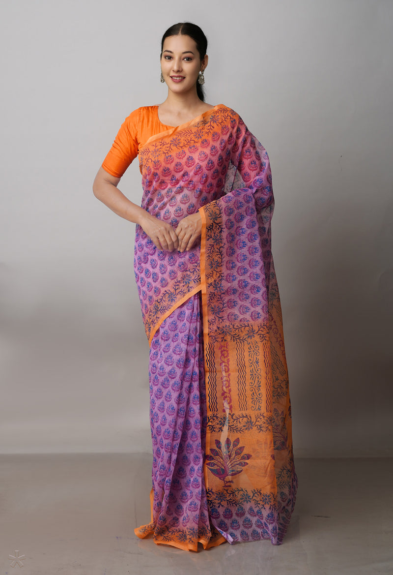 Pink  Block Printed Supernet  Saree-UNM71342