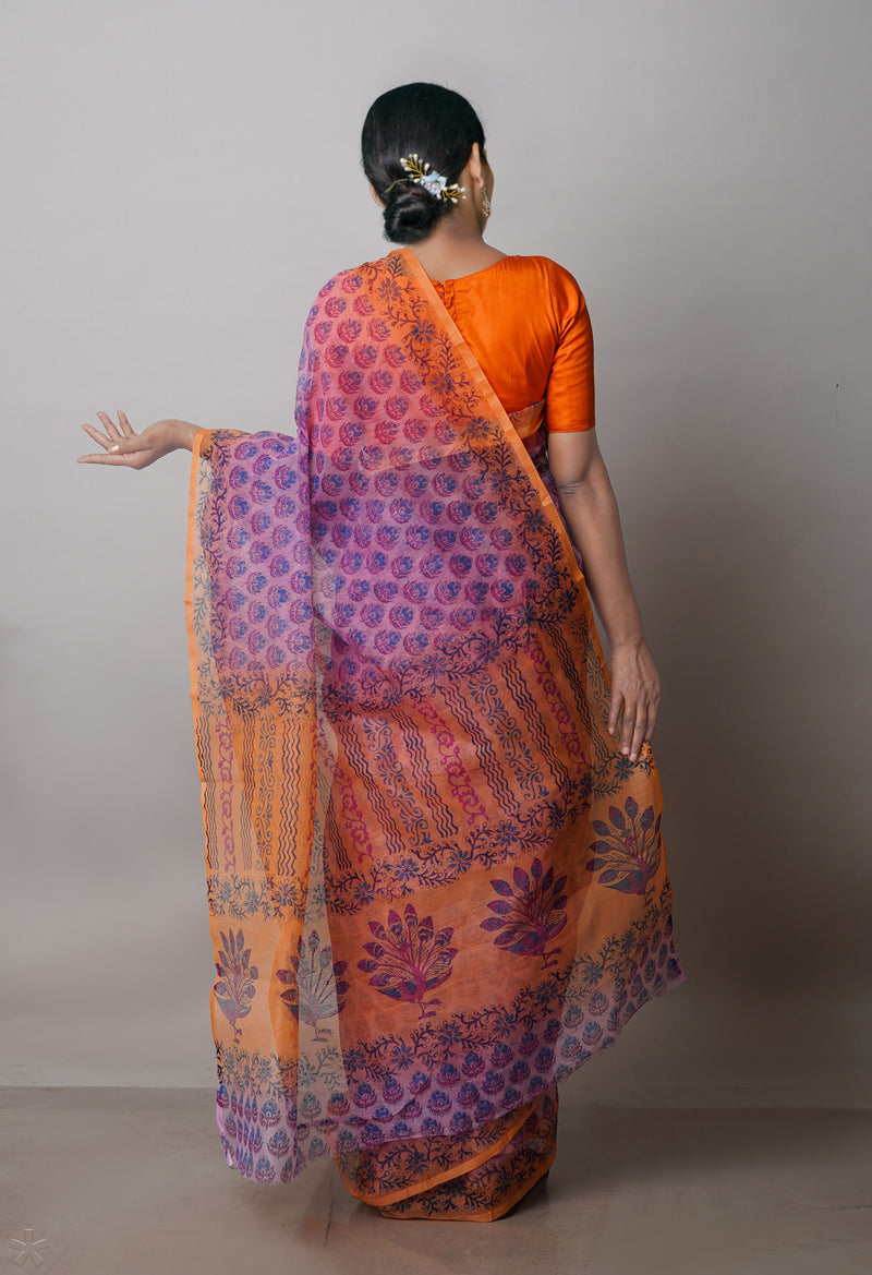 Pink  Block Printed Supernet  Saree-UNM71342