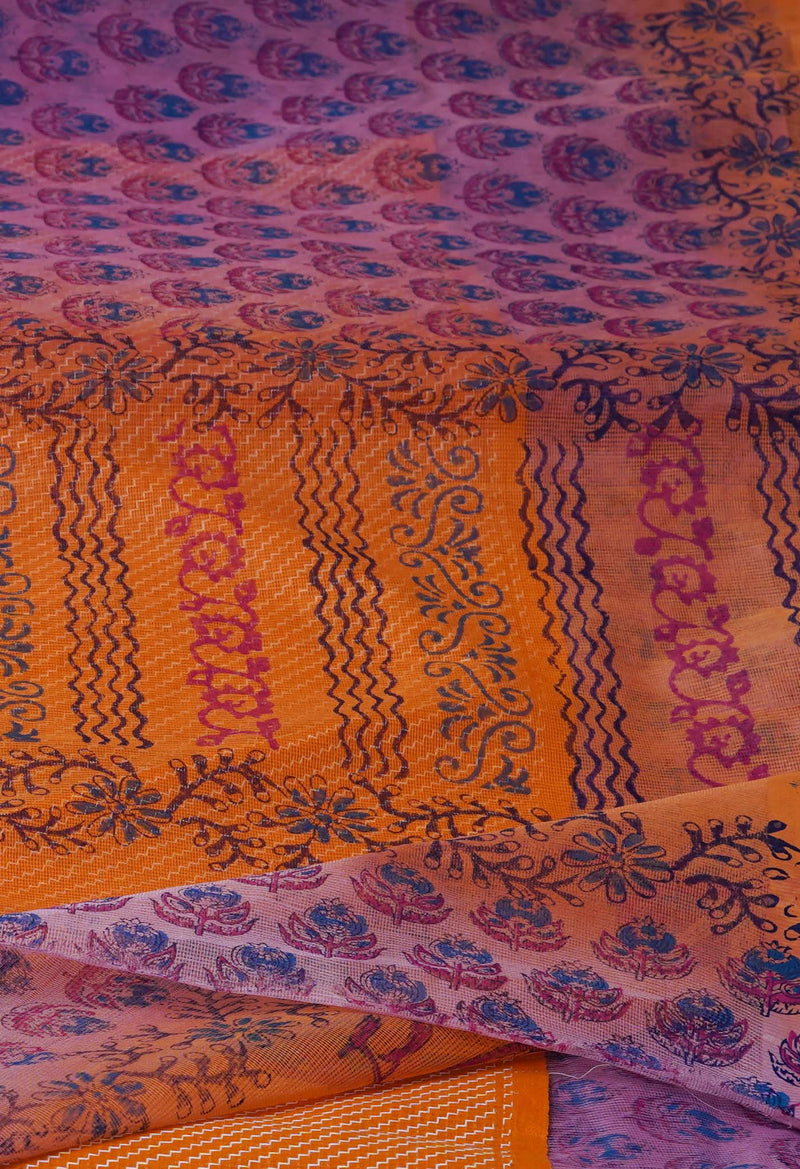 Pink  Block Printed Supernet  Saree-UNM71342