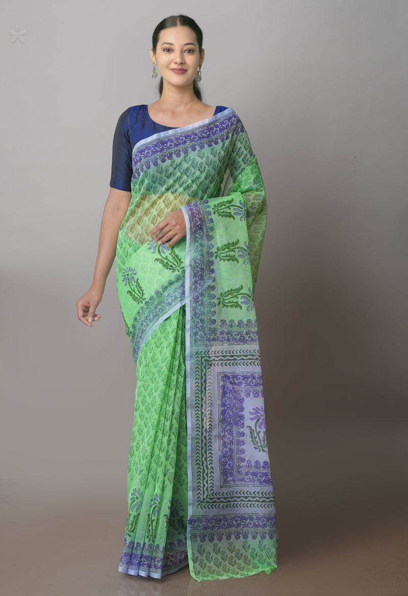 Parrot Green  Block Printed Supernet  Saree-UNM71346