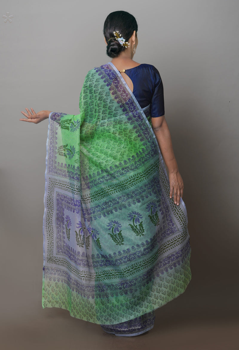 Parrot Green  Block Printed Supernet  Saree-UNM71346