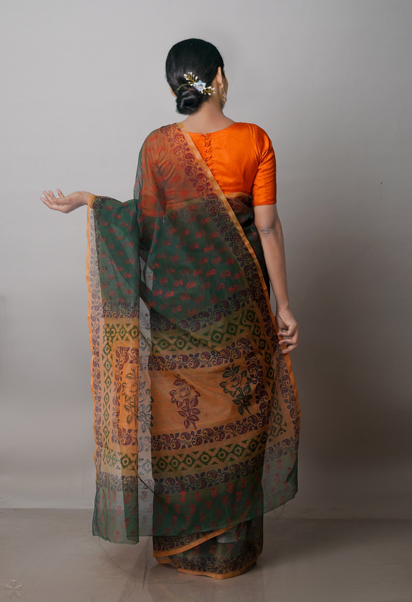 Green  Block Printed Supernet  Saree-UNM71347