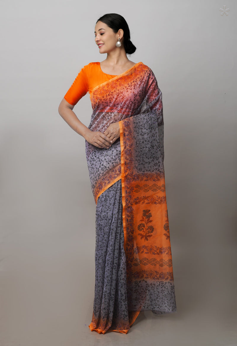Grey  Block Printed Supernet  Saree-UNM71349