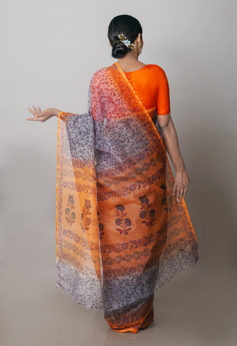 Grey  Block Printed Supernet  Saree-UNM71349