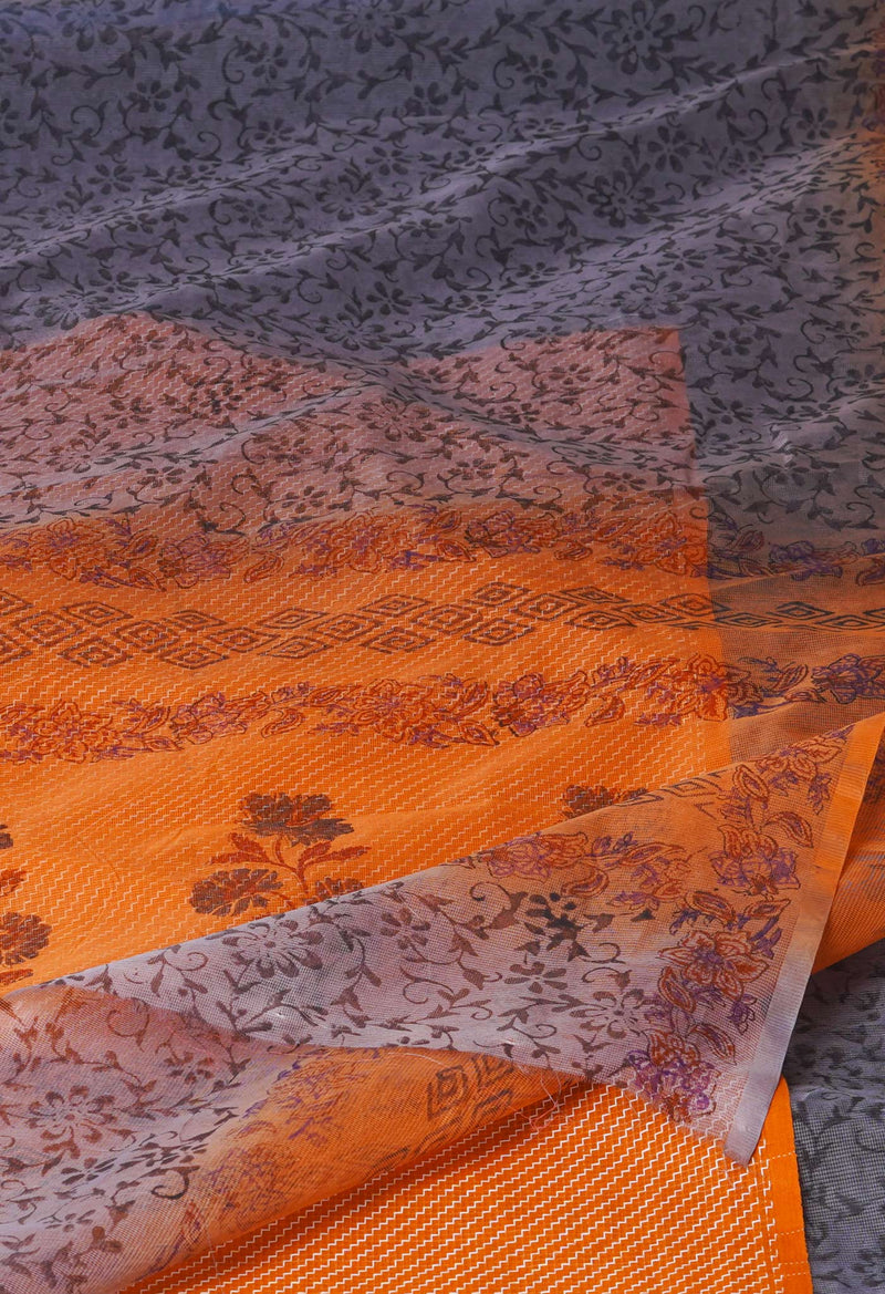 Grey  Block Printed Supernet  Saree-UNM71349