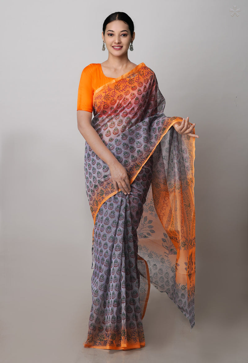 Grey  Block Printed Supernet  Saree-UNM71353
