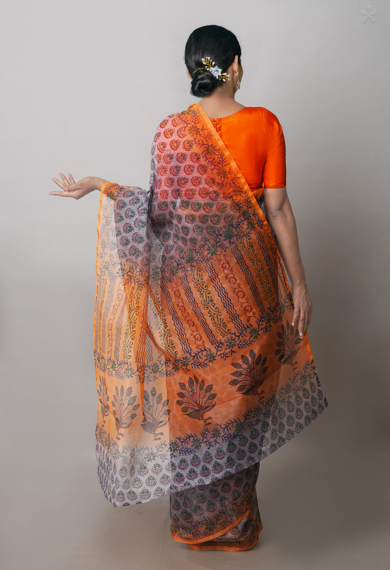Grey  Block Printed Supernet  Saree-UNM71353