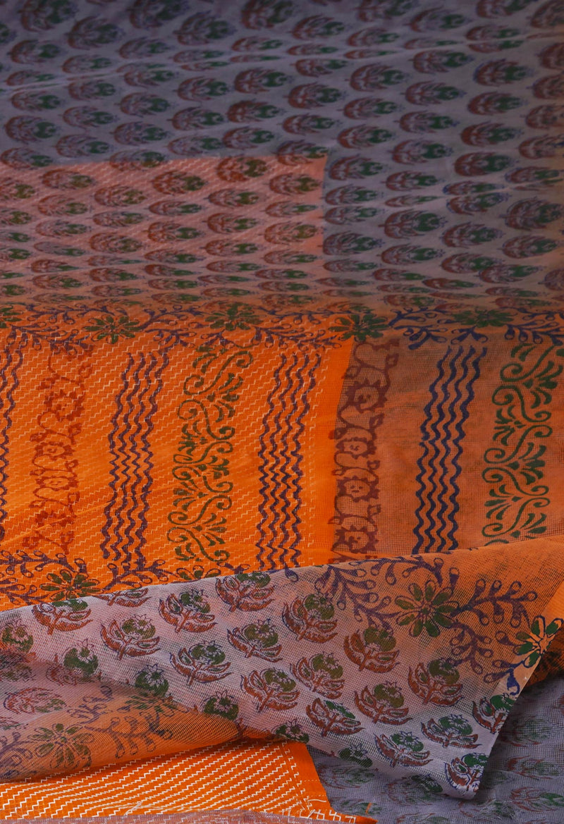 Grey  Block Printed Supernet  Saree-UNM71353