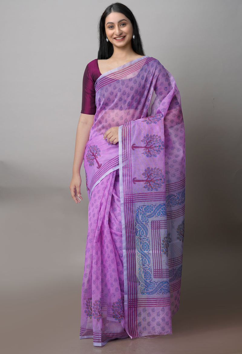 Pink  Block Printed Supernet  Saree-UNM71356