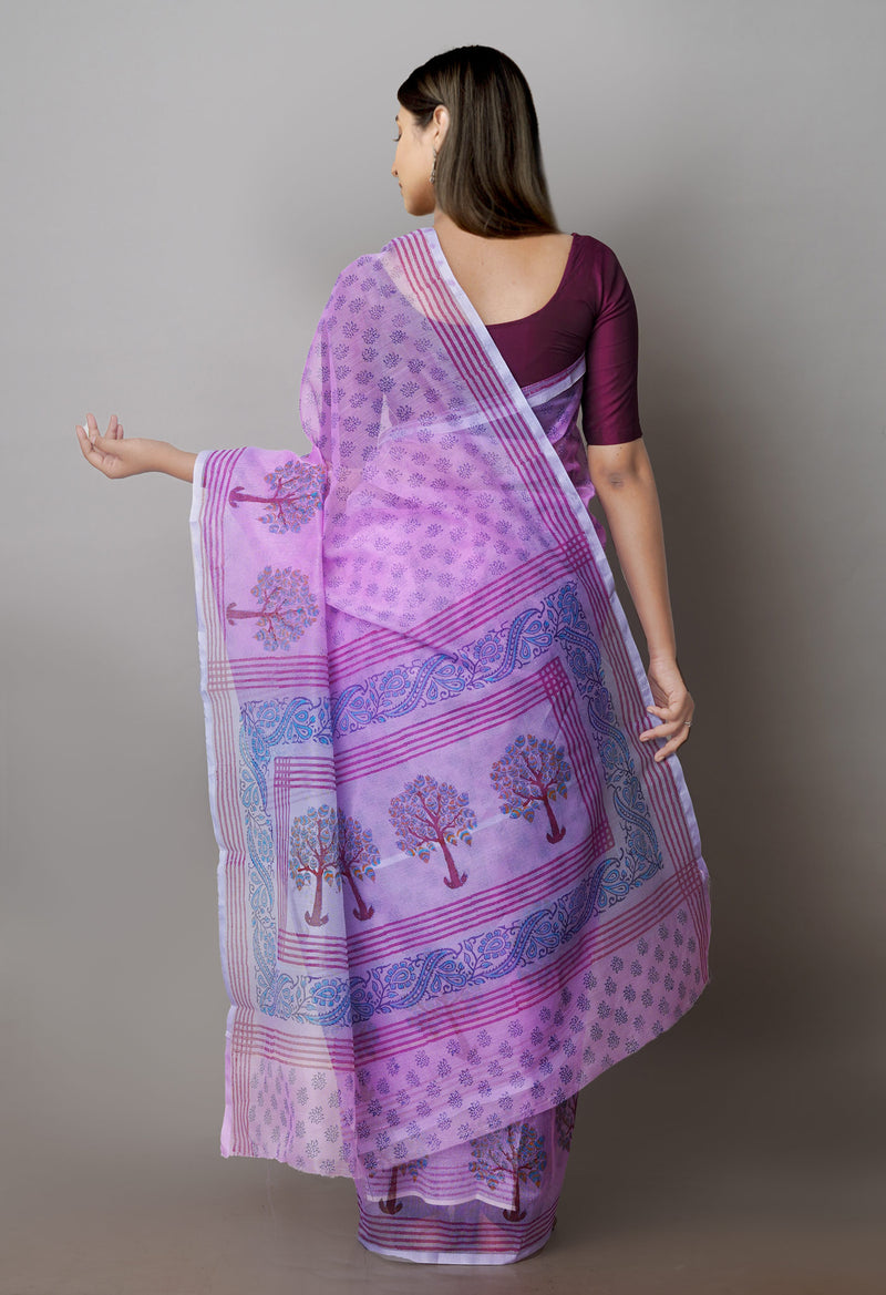 Pink  Block Printed Supernet  Saree-UNM71356