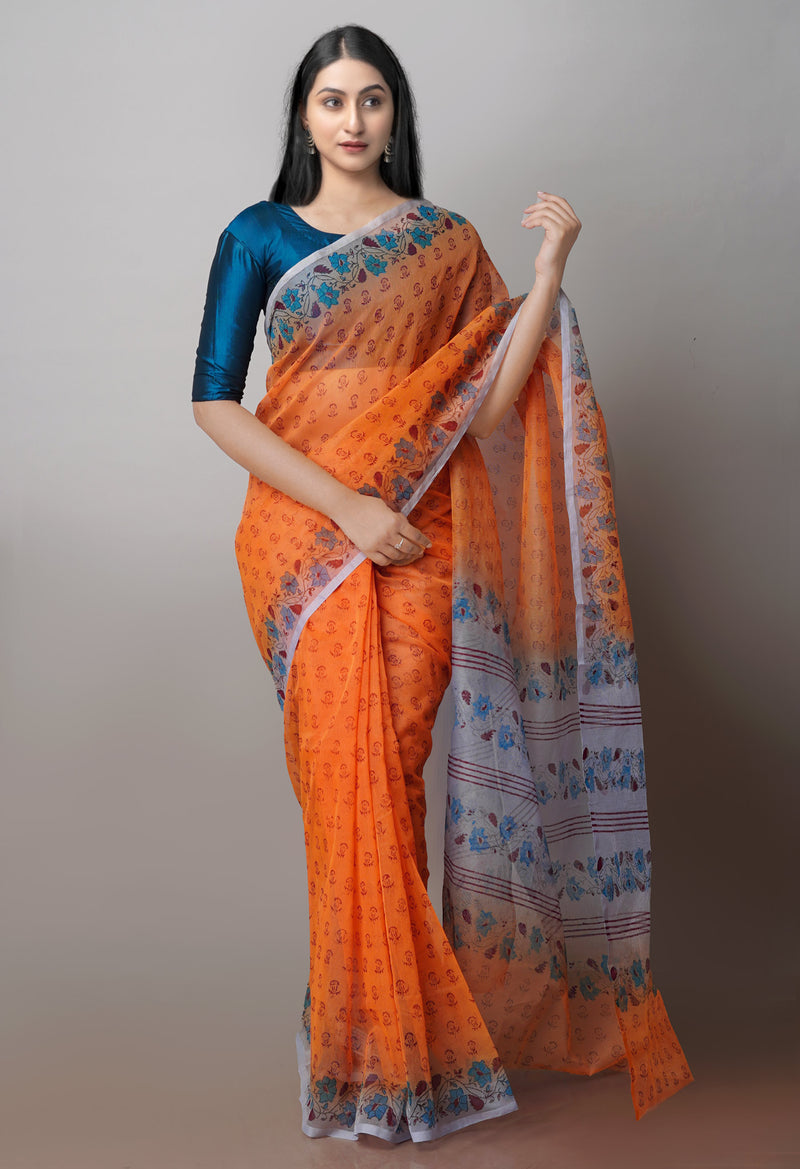 Orange  Block Printed Supernet  Saree-UNM71359
