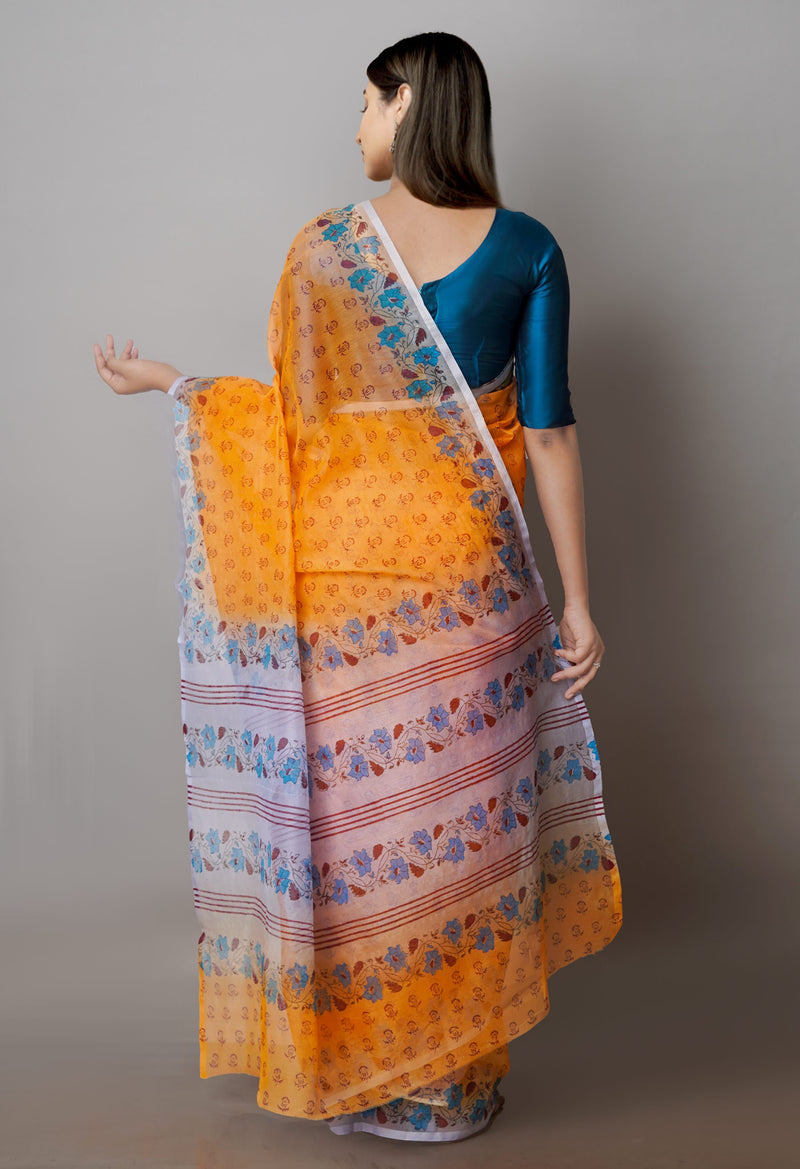 Orange  Block Printed Supernet  Saree-UNM71359