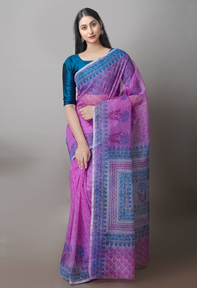 Pink  Block Printed Supernet  Saree-UNM71360