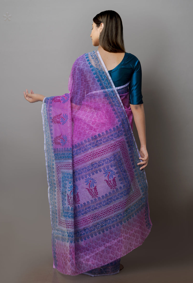 Pink  Block Printed Supernet  Saree-UNM71360