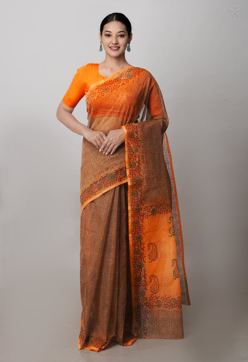 Chocolate Brown   Block Printed Supernet  Saree-UNM71363