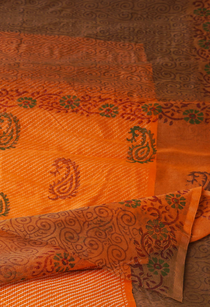 Chocolate Brown   Block Printed Supernet  Saree-UNM71363