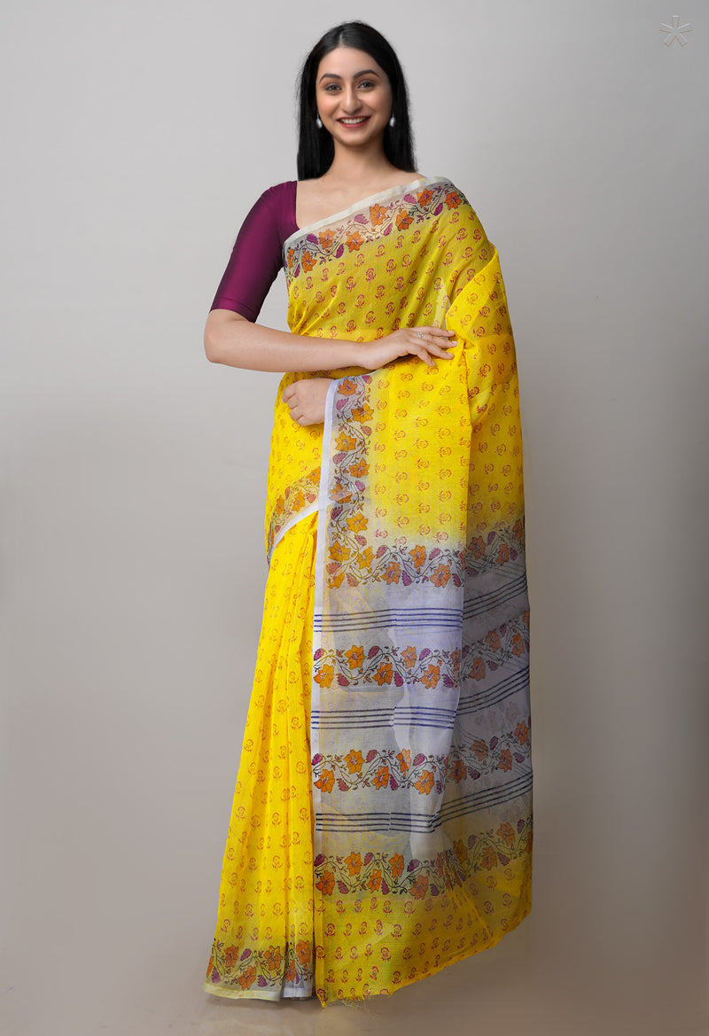 Lemon Yellow  Block Printed Supernet  Saree-UNM71364