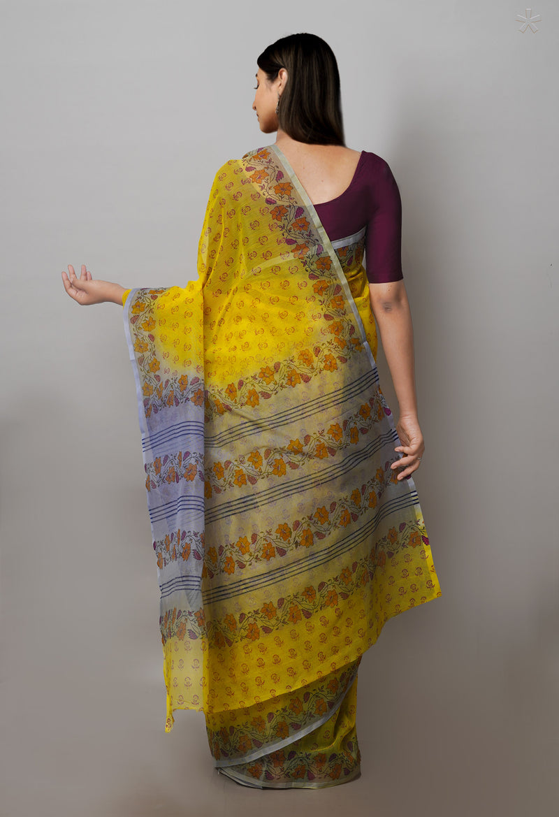 Lemon Yellow  Block Printed Supernet  Saree-UNM71364