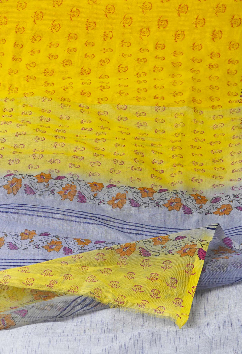 Lemon Yellow  Block Printed Supernet  Saree-UNM71364