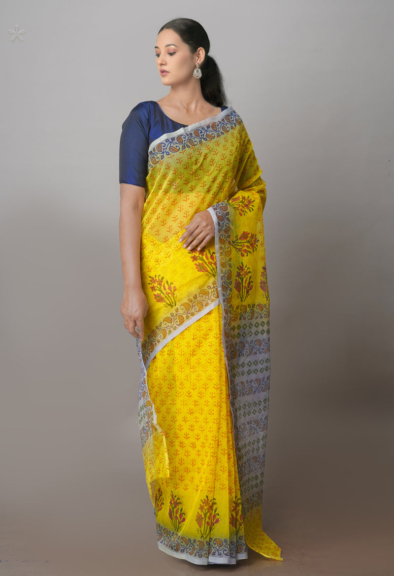 Lemon Yellow  Block Printed Supernet  Saree-UNM71365