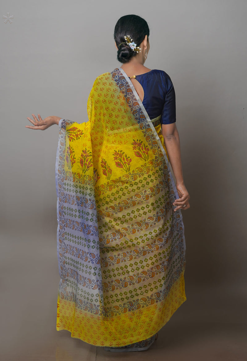 Lemon Yellow  Block Printed Supernet  Saree-UNM71365