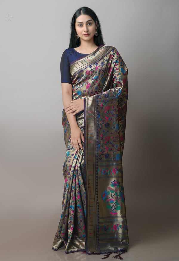 Navy Blue Banarasi Silk Saree-UNM71379
