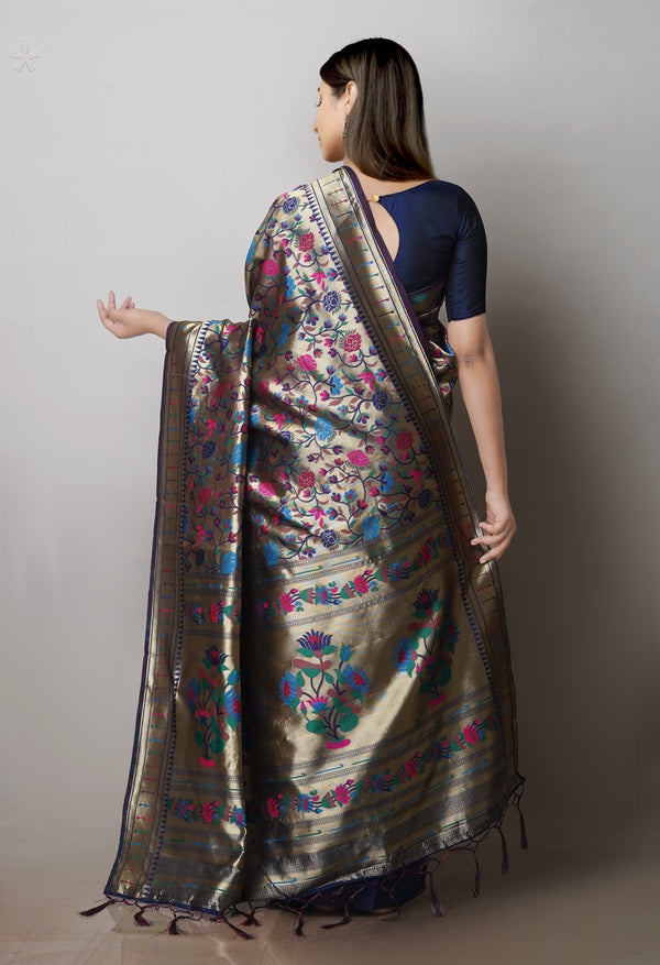 Navy Blue Banarasi Silk Saree-UNM71379