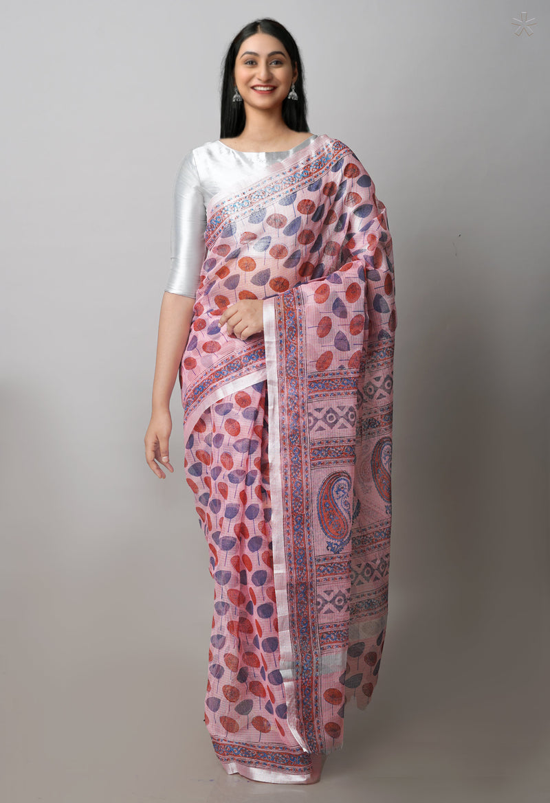 Peach pink Pure  Block Printed Kota  Cotton Saree-UNM71400