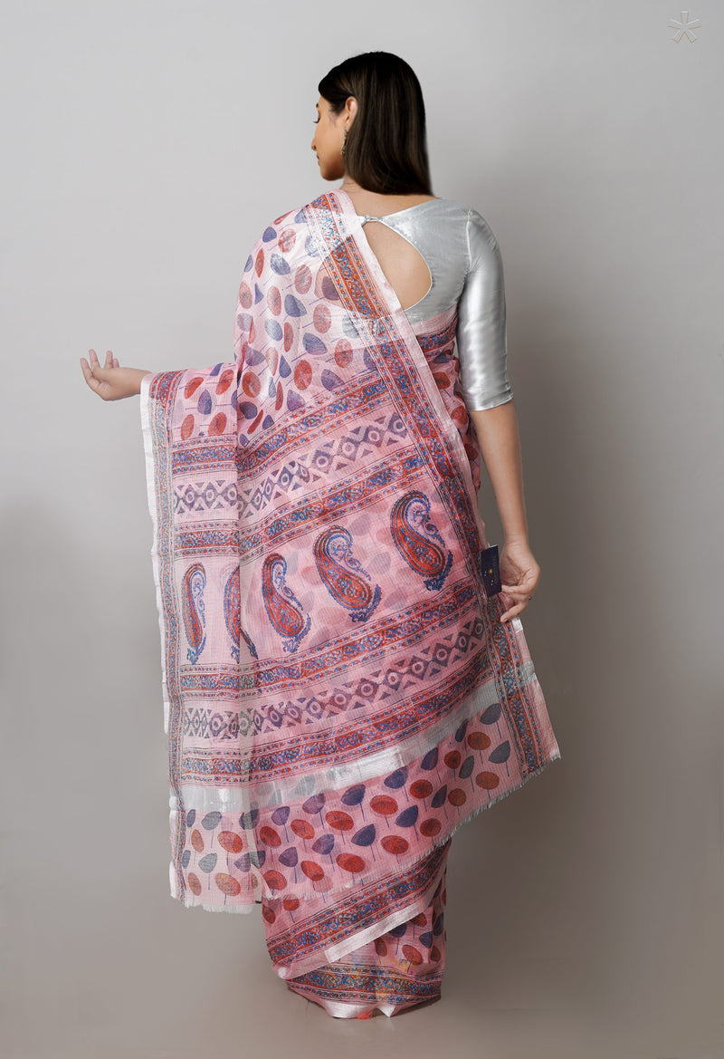 Peach pink Pure  Block Printed Kota  Cotton Saree-UNM71400
