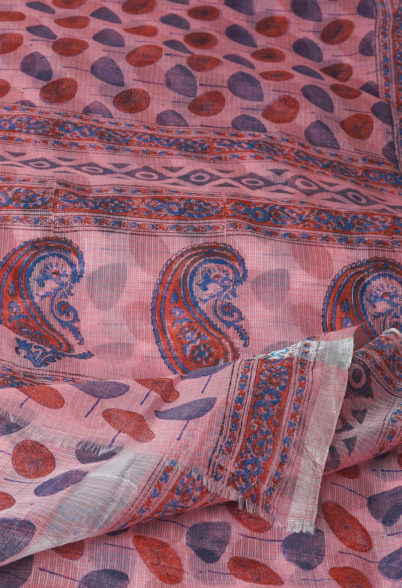 Peach pink Pure  Block Printed Kota  Cotton Saree-UNM71400