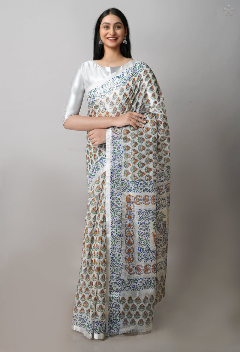 Light Cream Pure  Block Printed Kota  Cotton Saree-UNM71401
