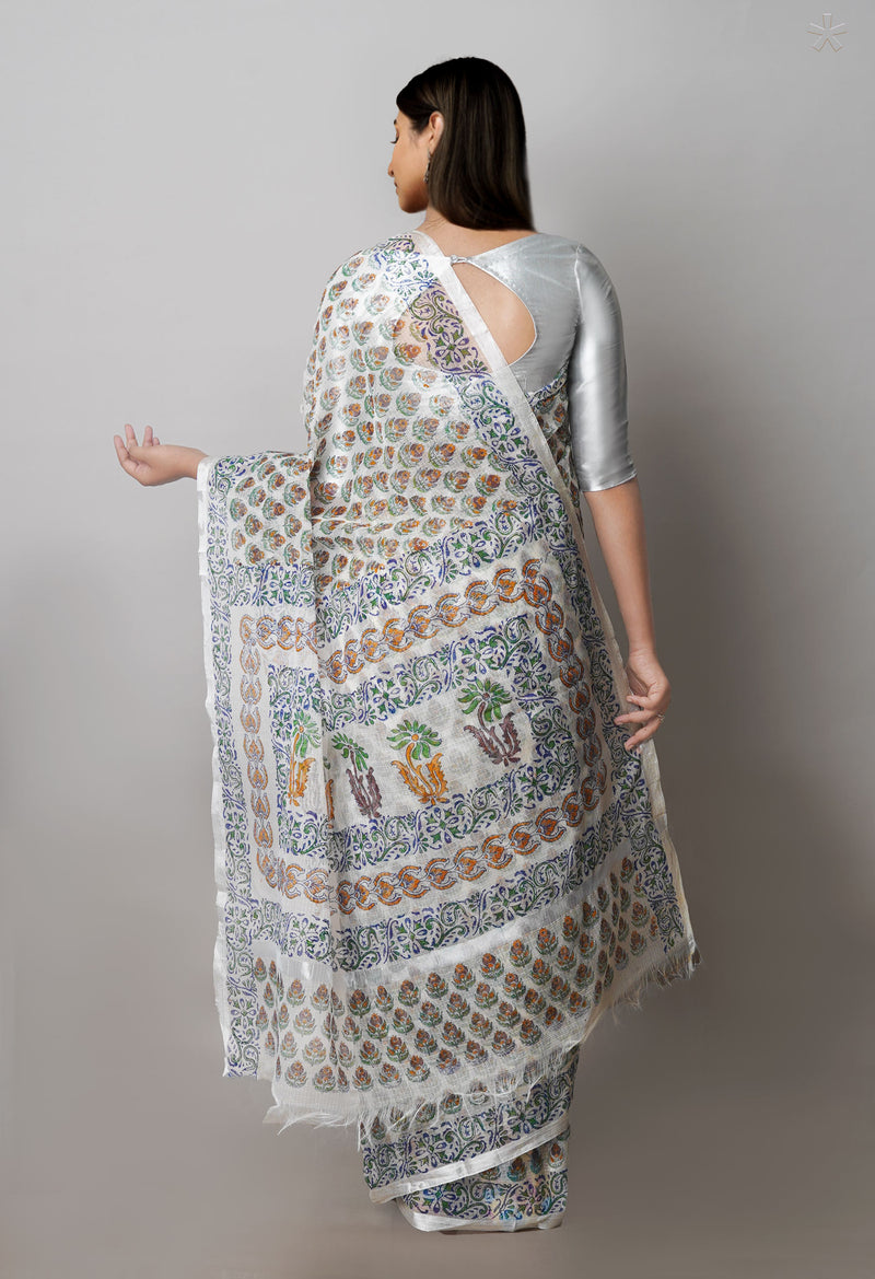 Light Cream Pure  Block Printed Kota  Cotton Saree-UNM71401