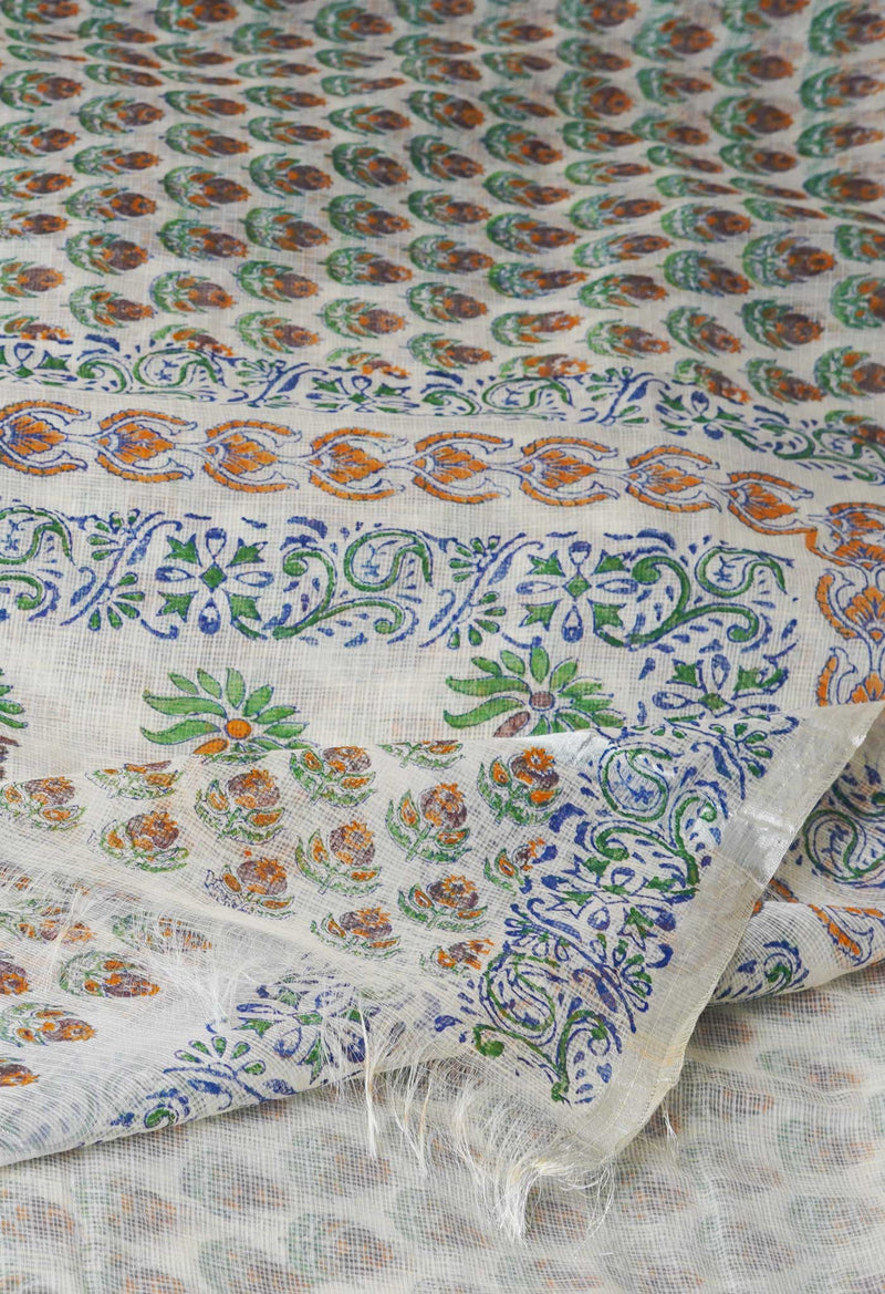Light Cream Pure  Block Printed Kota  Cotton Saree-UNM71401