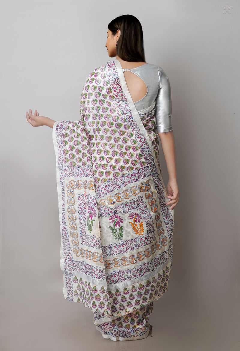 White Pure  Block Printed Kota  Cotton Saree-UNM71402