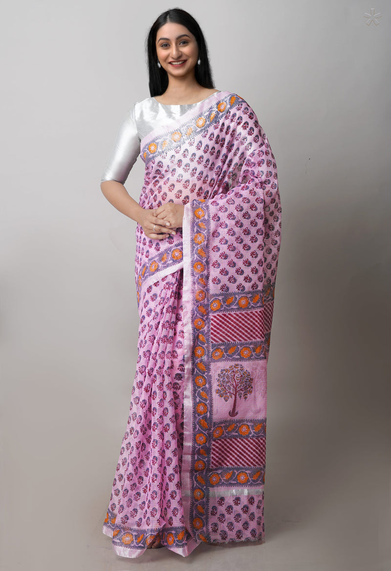 Pink Pure  Block Printed Kota  Cotton Saree-UNM71403